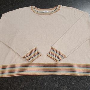 Time and Tru Beige Crewneck Sweater with Multicolor Stripes